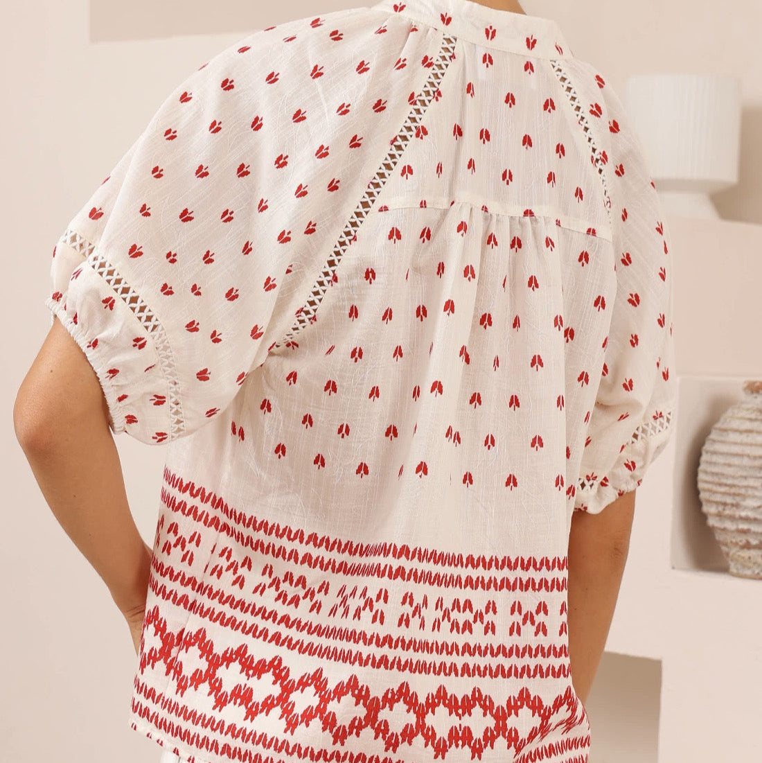 Heidi Red & White Embroidered Top