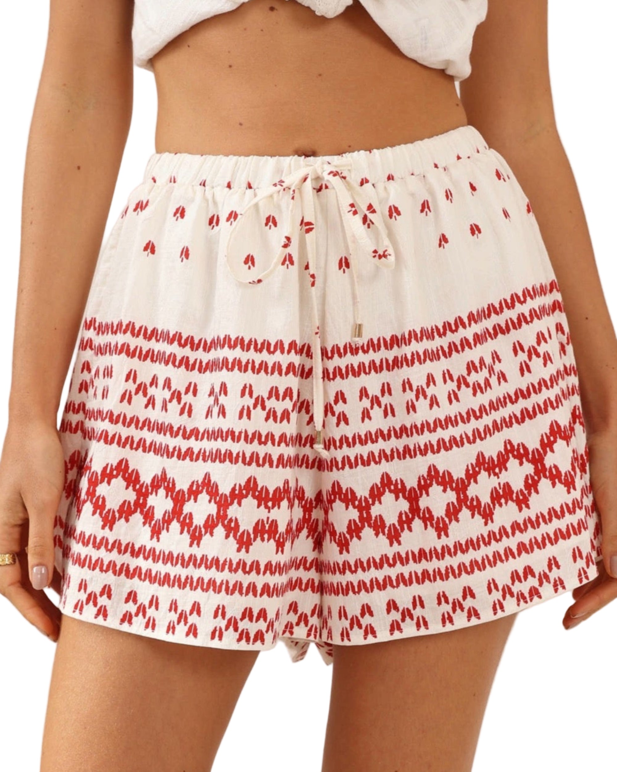 red and white pattern shorts, loose fit