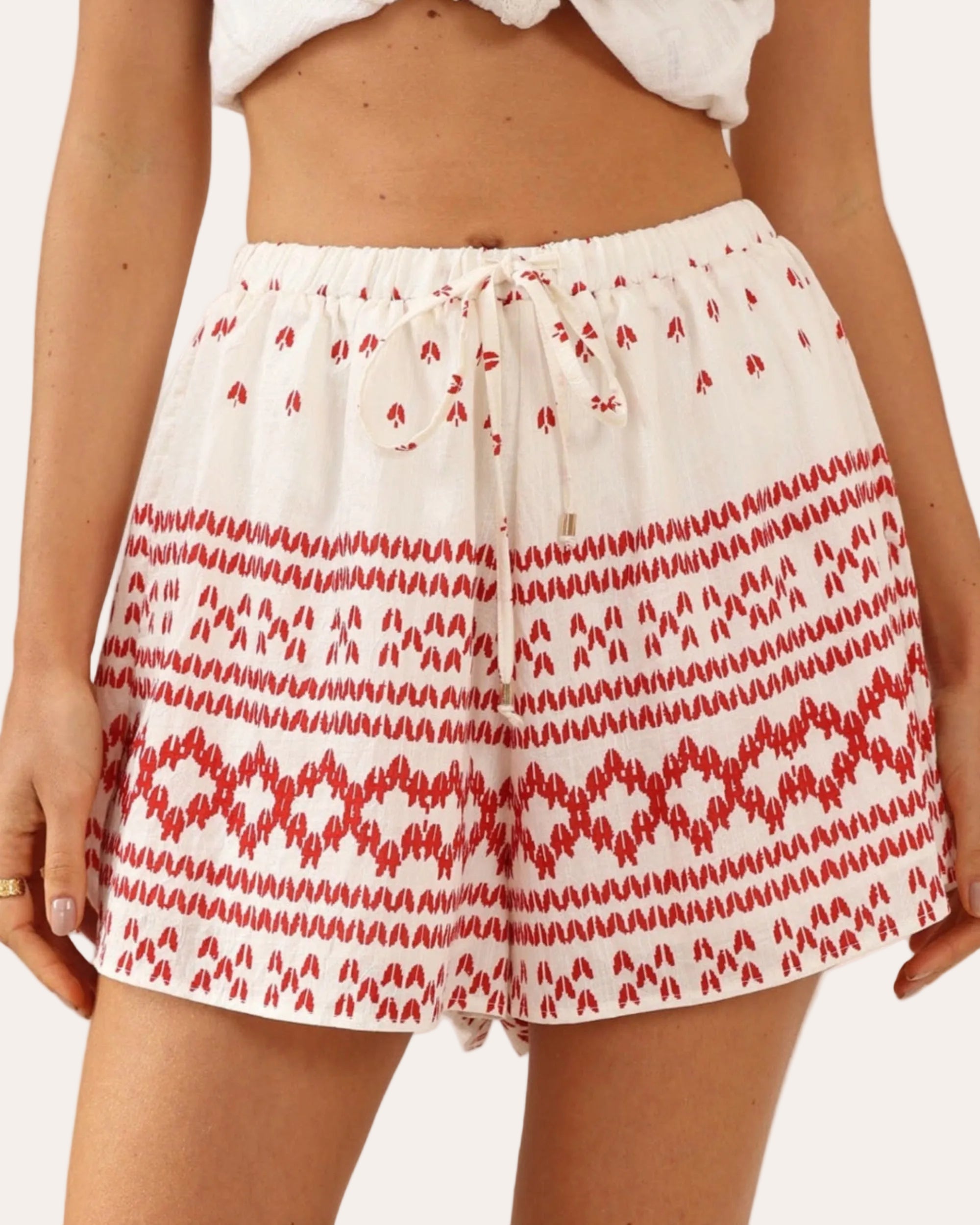red and white pattern shorts, loose fit