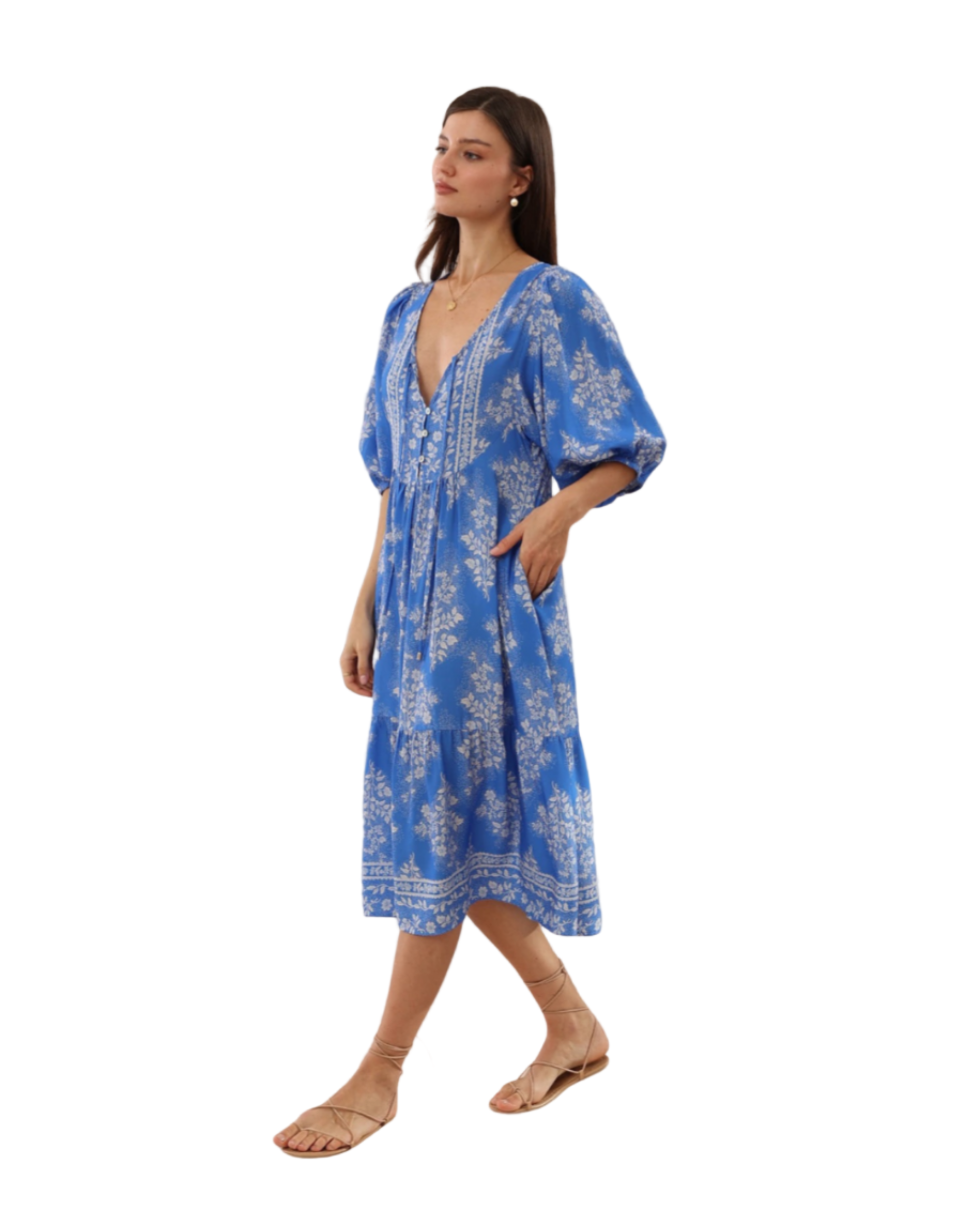 Woman wearing a blue floral dress on a transparent background