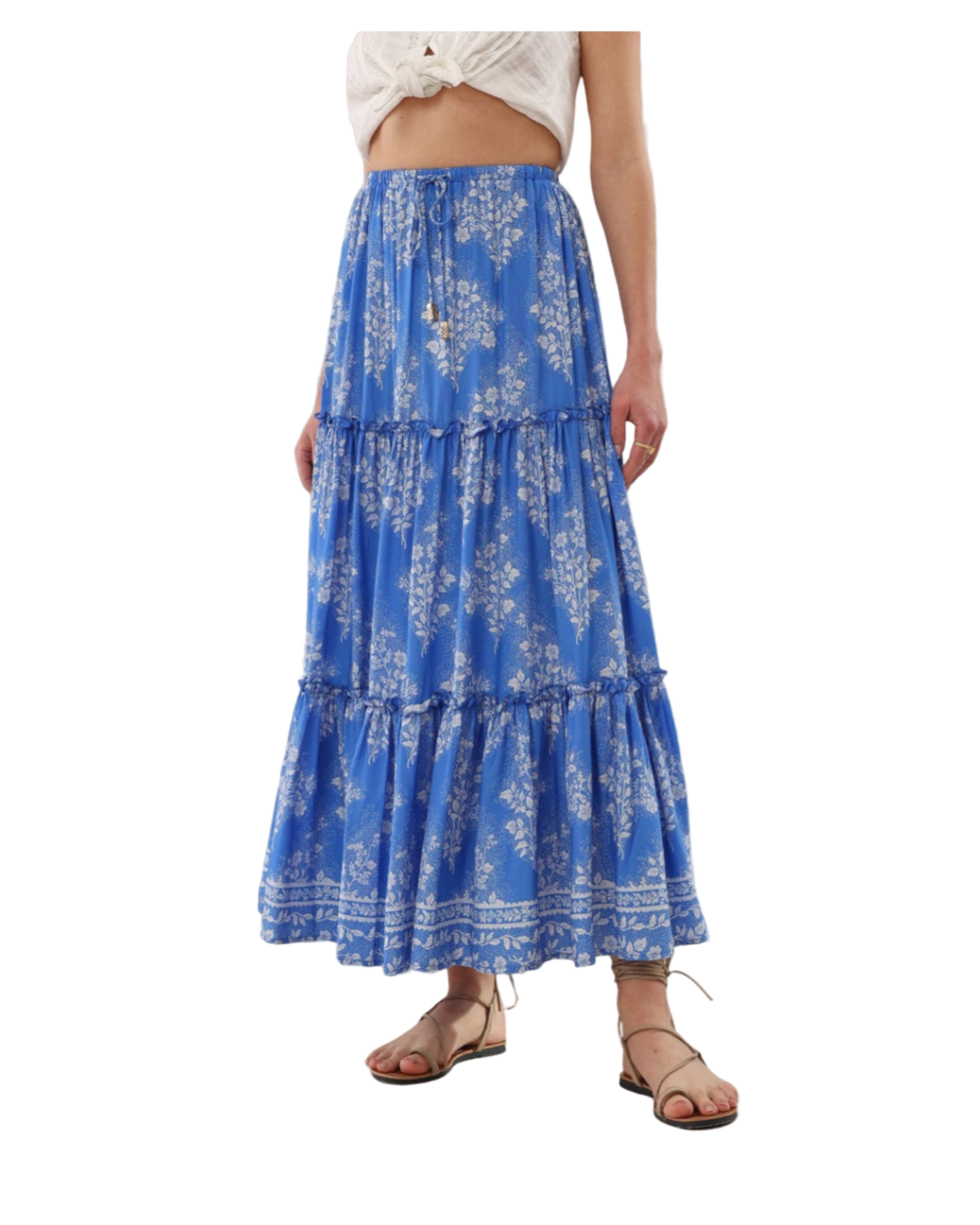 Blue floral tiered skirt on a transparent background